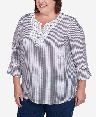 Plus Size Classic Embroidered Split Neck Striped Top