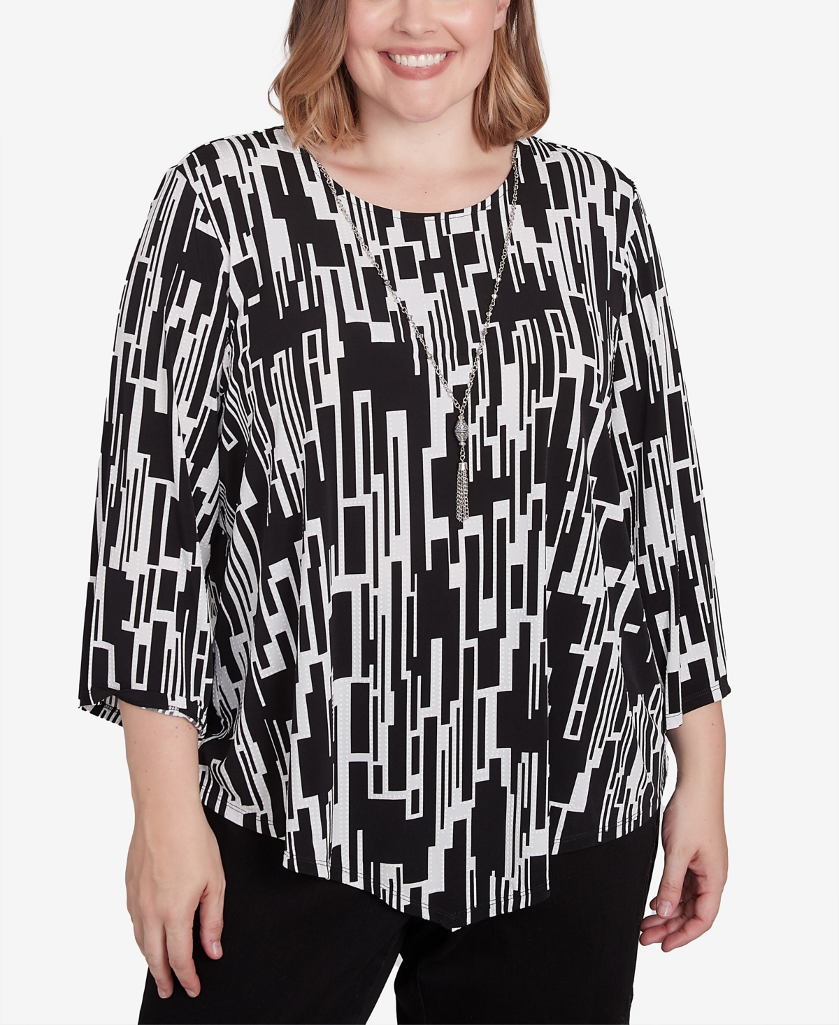 Alfred Dunner Plus Size Classic Vertical Geometric Top With Necklace In Black,white