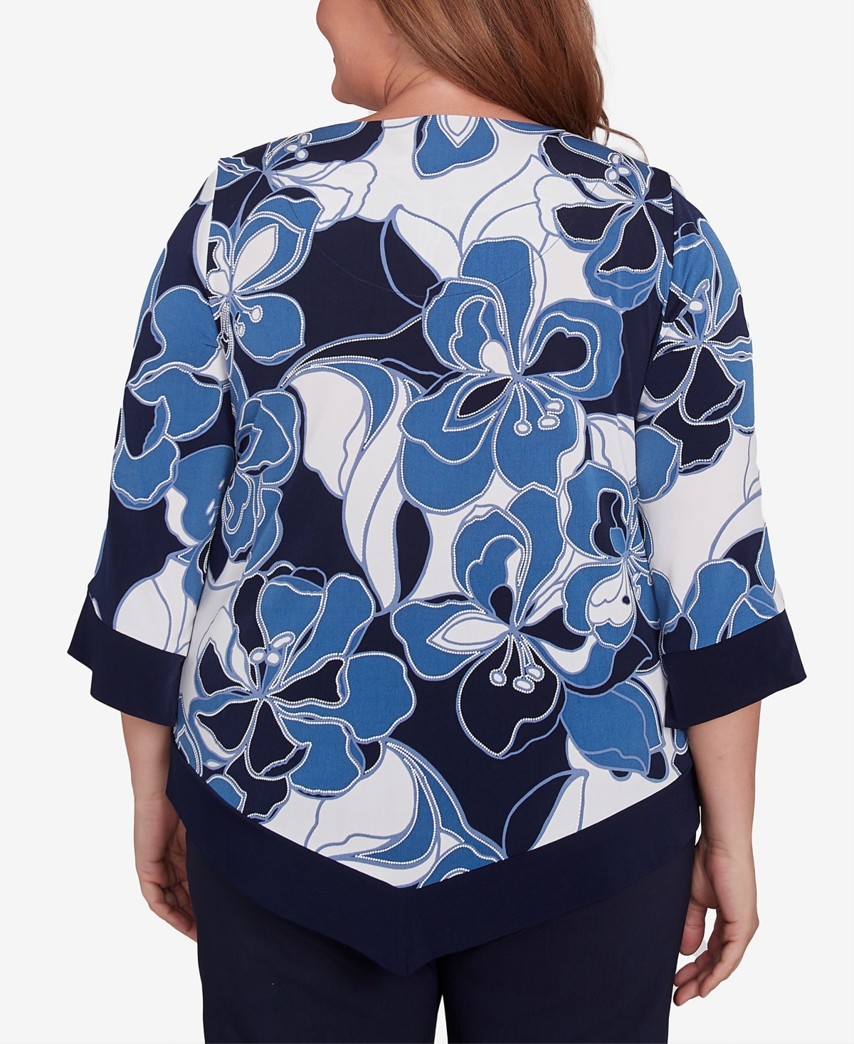 Alfred Dunner Plus Size Classic Abstract Bold Floral Patchwork Top With Necklace In Navy
