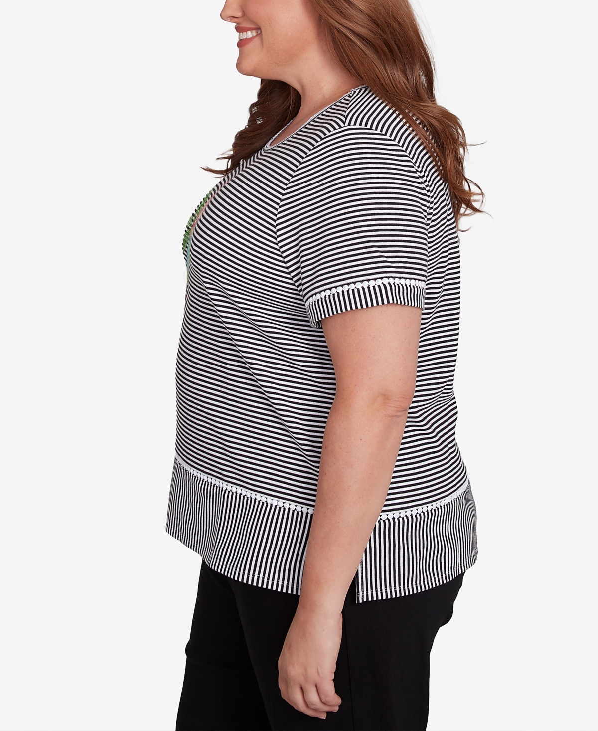 Alfred Dunner Plus Size Classic Crew Neck Parrot Striped Tee In Black