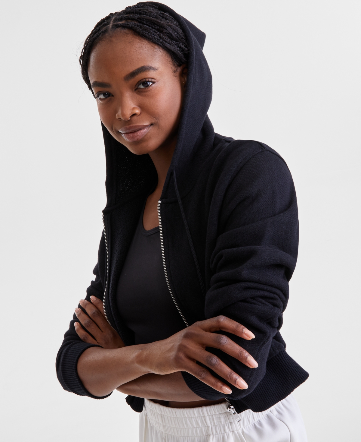 Shop Id Ideology Women's Cropped Full-zip Knit Hoodie, Exclusively At Macy's In Deep Black