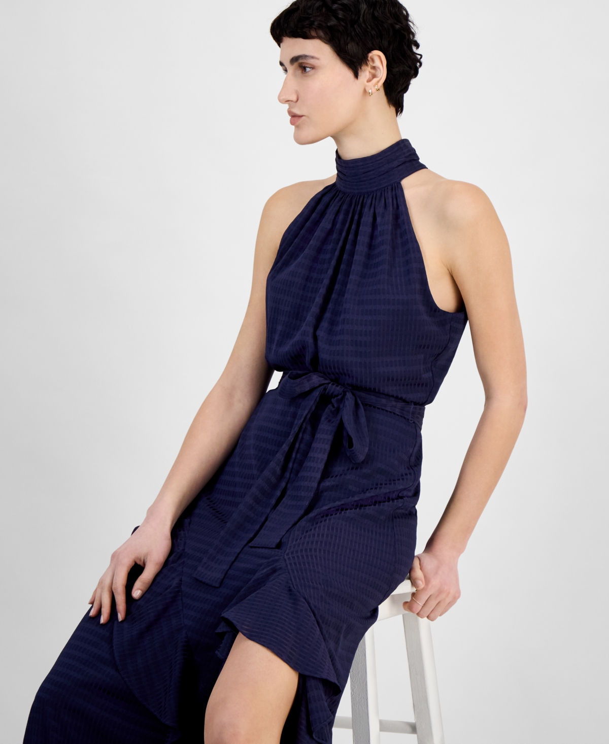 Anne Klein Sleeveless Tie Waist Asymmetric Ruffle Maxi Dress In Distant Mountain