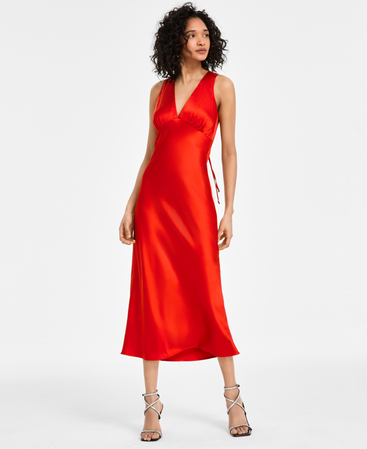 Juniors' V-Neck A-Line Satin Midi Dress - Red