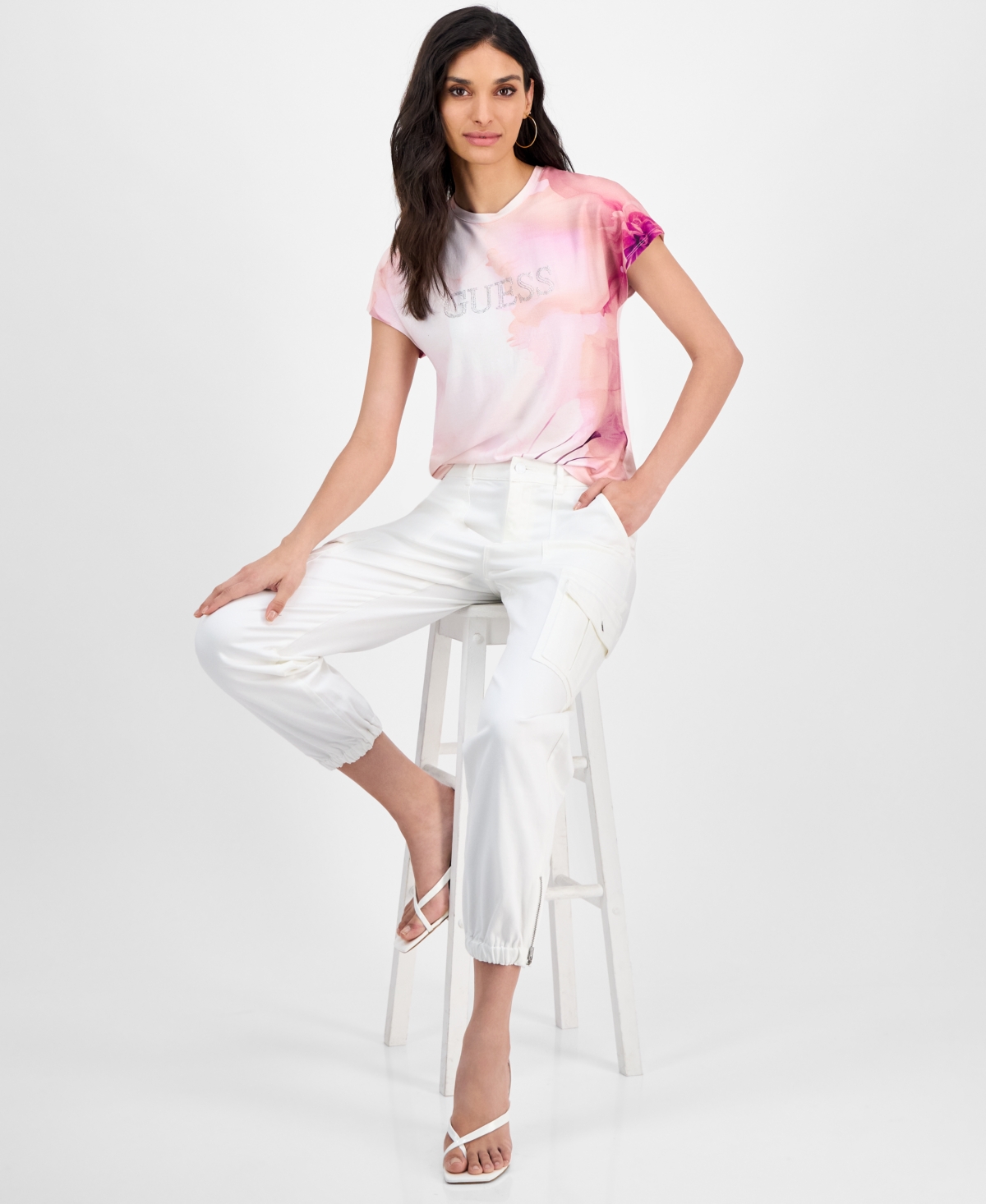 GUESS WOMEN'S FLUTTER-SLEEVE EMBELLISHED LOGO T-SHIRT 