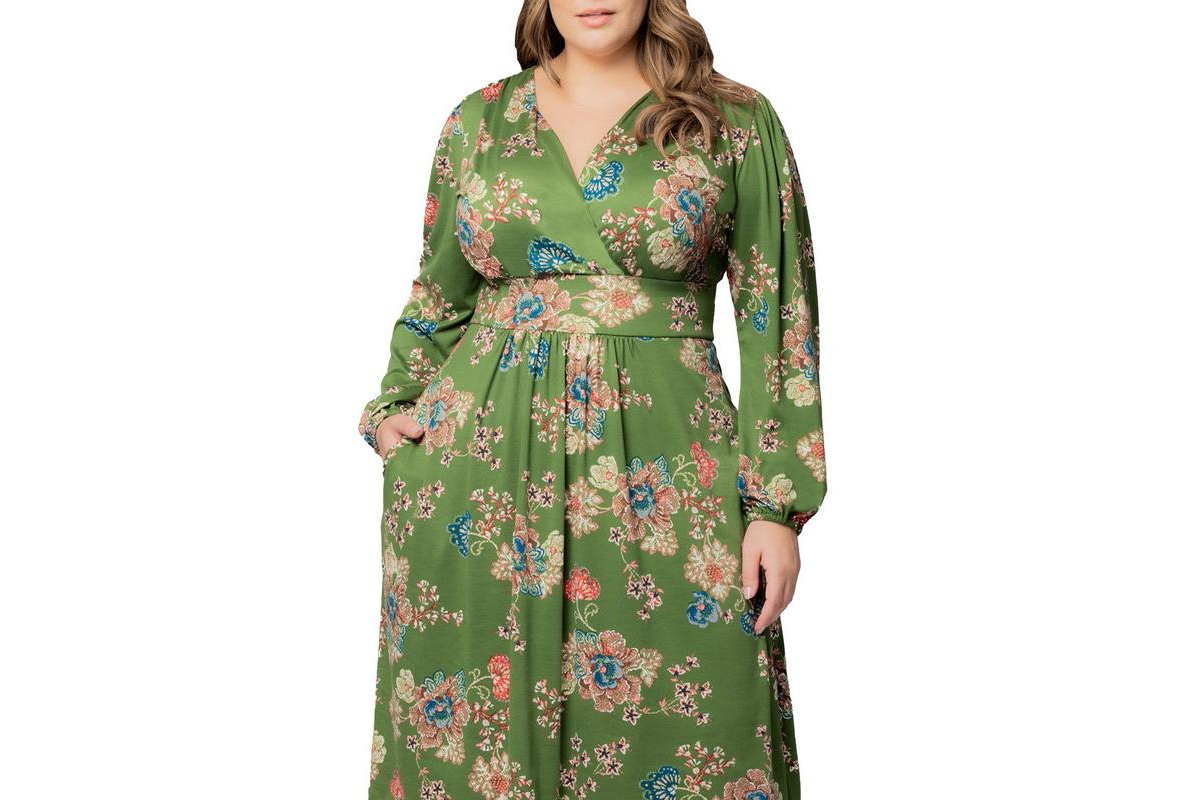 Plus Size Diana Long Sleeve Midi Dress - Teal blue asters