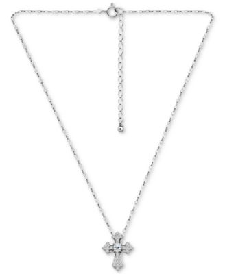 Cubic Zirconia Cross Pendant Necklace in Sterling Silver, 16" +2" extender, Exclusively at Macy's
