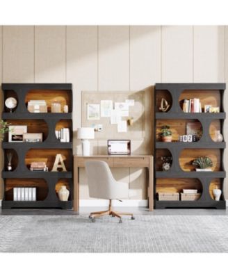 71" Tall Bookcase Set of 2, 4-Tier S-Shaped Bookshelf, Wood Decorative Storage Shelving, Modern Freestanding Display Shelves