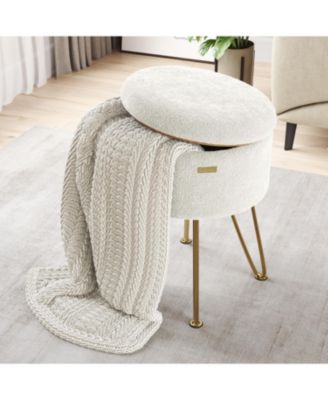 Modern Boucle Round Ottoman with Hidden Storage – Foot Stool, Makeup Vanity Stool, Small Ottoman Foot Rest, Perfect for Living Room