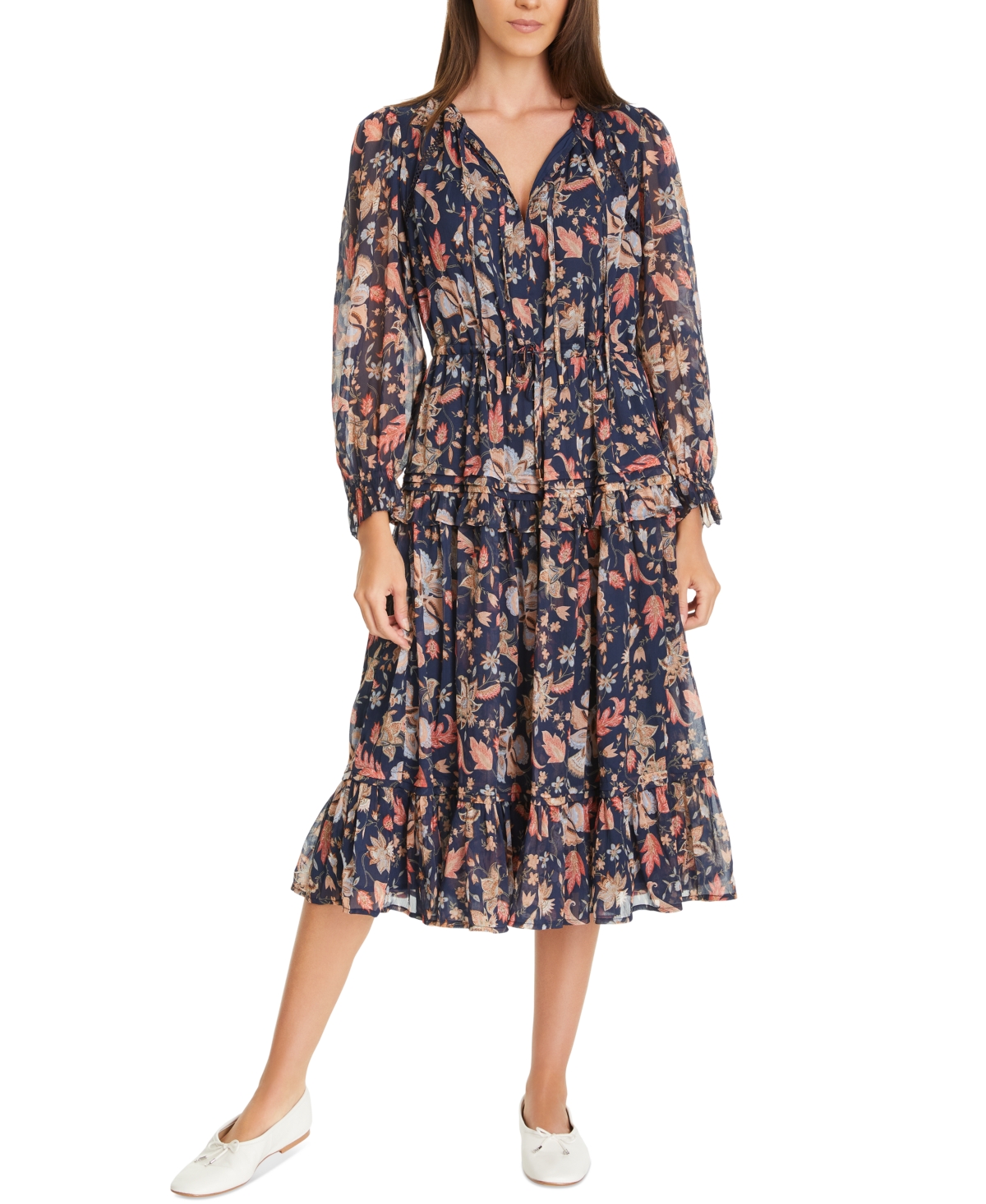 Shop Sam Edelman Women's Clarice Floral Split-neck Midi Swing Dress In Navy-new Bloom