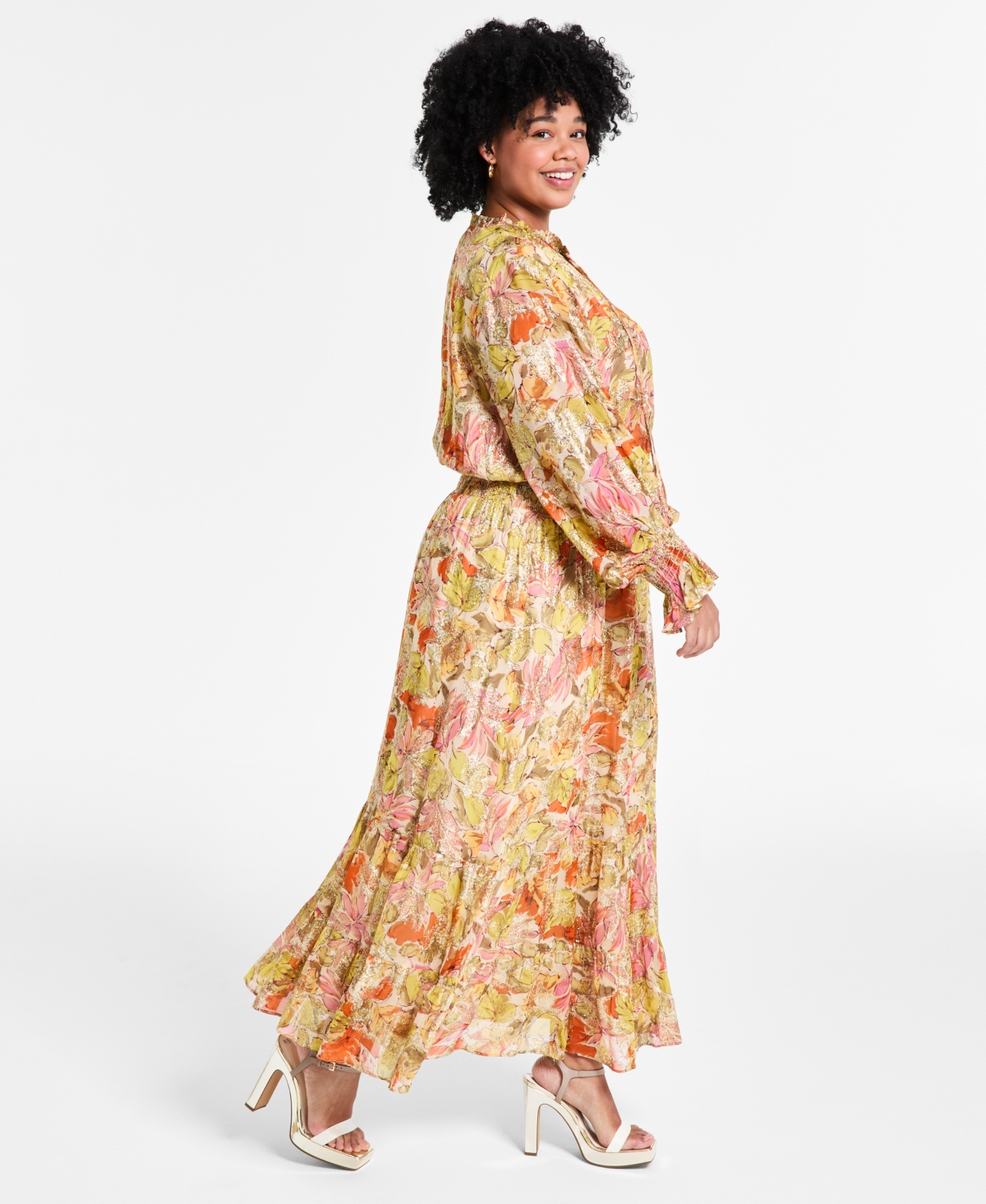 Shop Vince Camuto Plus Size Smocked-waist Floral Maxi Dress In Crushed Orange