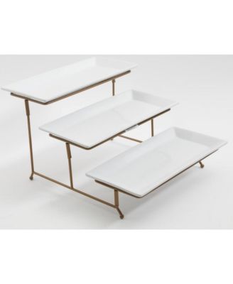 Gracious Dining Dinnerware, 3-Tier Rectangle Plate Serving Set with Gold Metal Stand, White