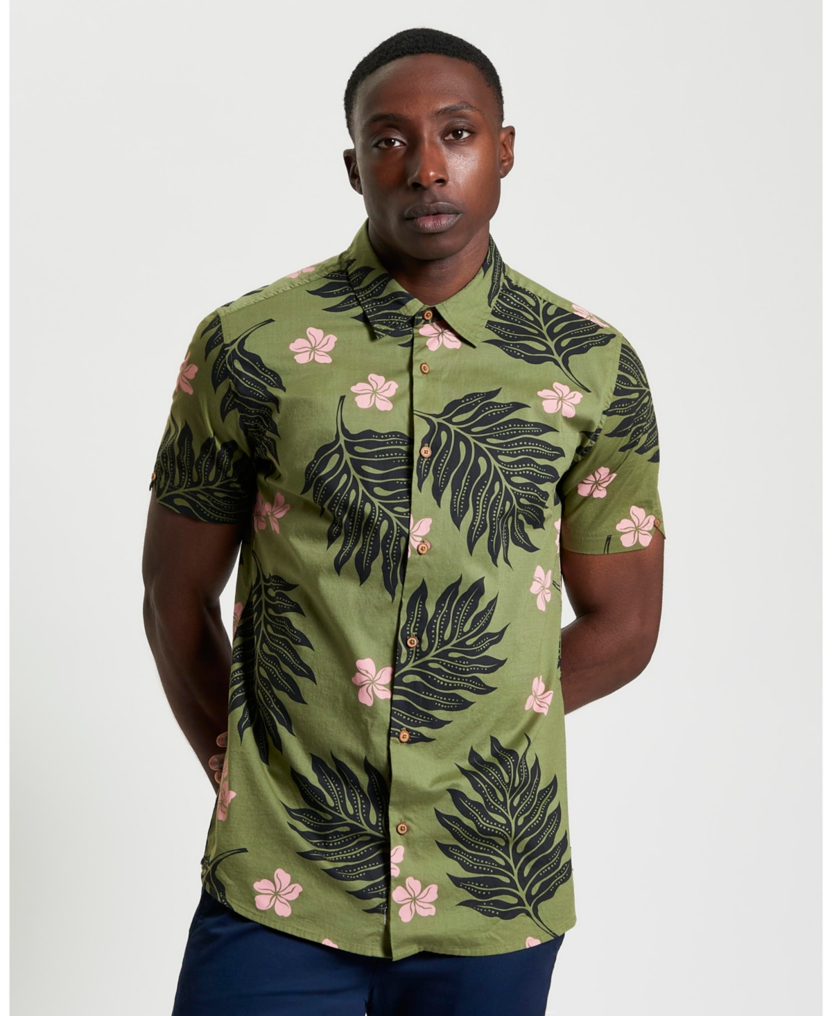 Ben Sherman Leaf Print Short Sleeve Cotton Button-up Shirt In Olive