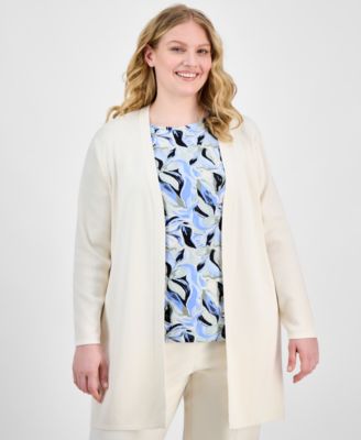 Anne Klein Essentials - Plus Size Open-Front Long-Sleeve Side-Slit Cardigan