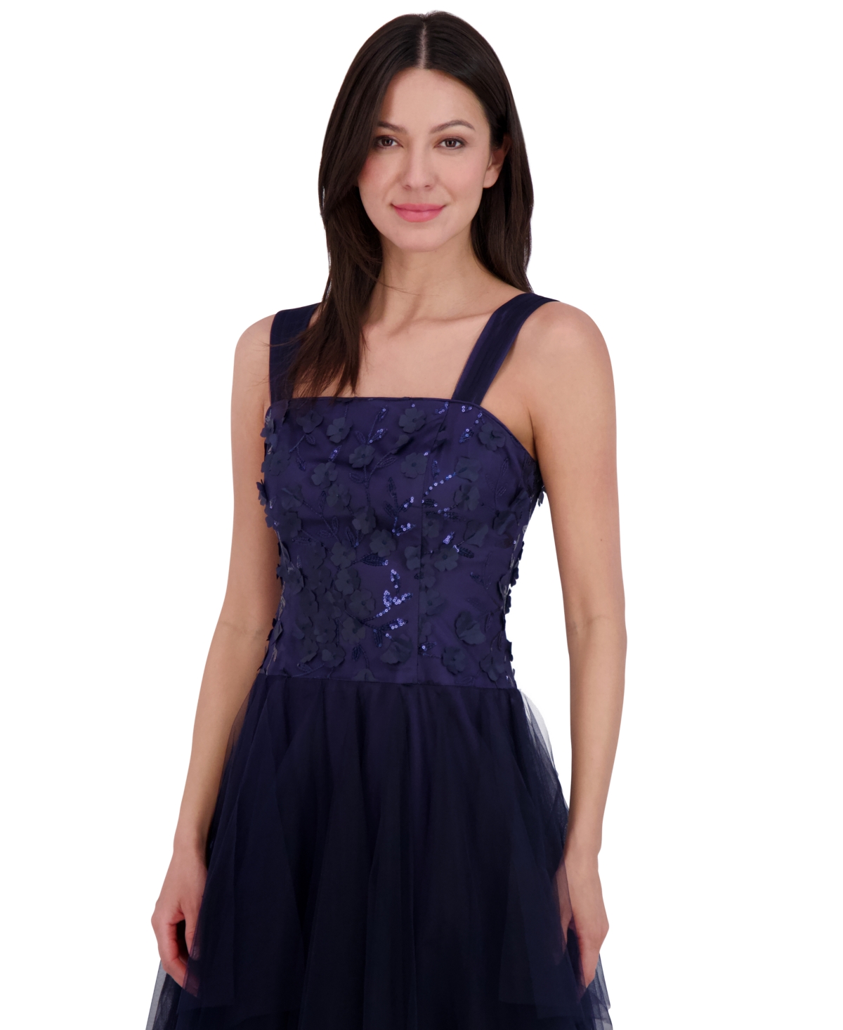 Shop Eliza J Women's Embellished Flower Sleeveless Tulle Gown In Navy