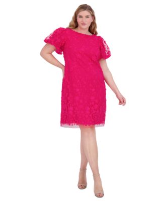 Eliza J - Plus Size Puffed-Sleeve 3D-Floral Shift Dress