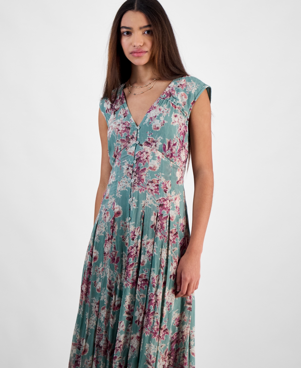 Lucky Brand Women's Pleated Button Down Midi Dress In Green Floral