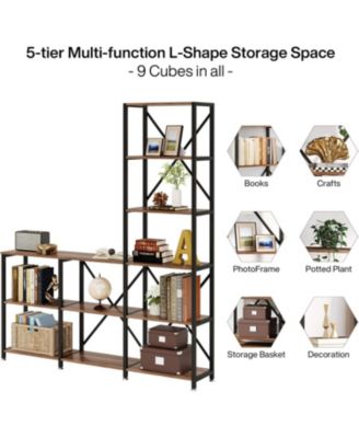5-Tier Bookshelves, Industrial Ladder Corner Etagere Bookcase, Rustic Display Open Shelf Storage Organizer for Living Room