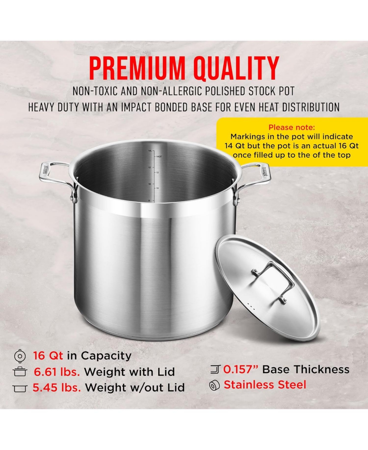 Bakken-Swiss 16-Quart Brushed Stainless Steel Stockpot with Lid – Heavy-Duty Induction Pot with Riveted Handles – Ideal for Soup, Seafoo