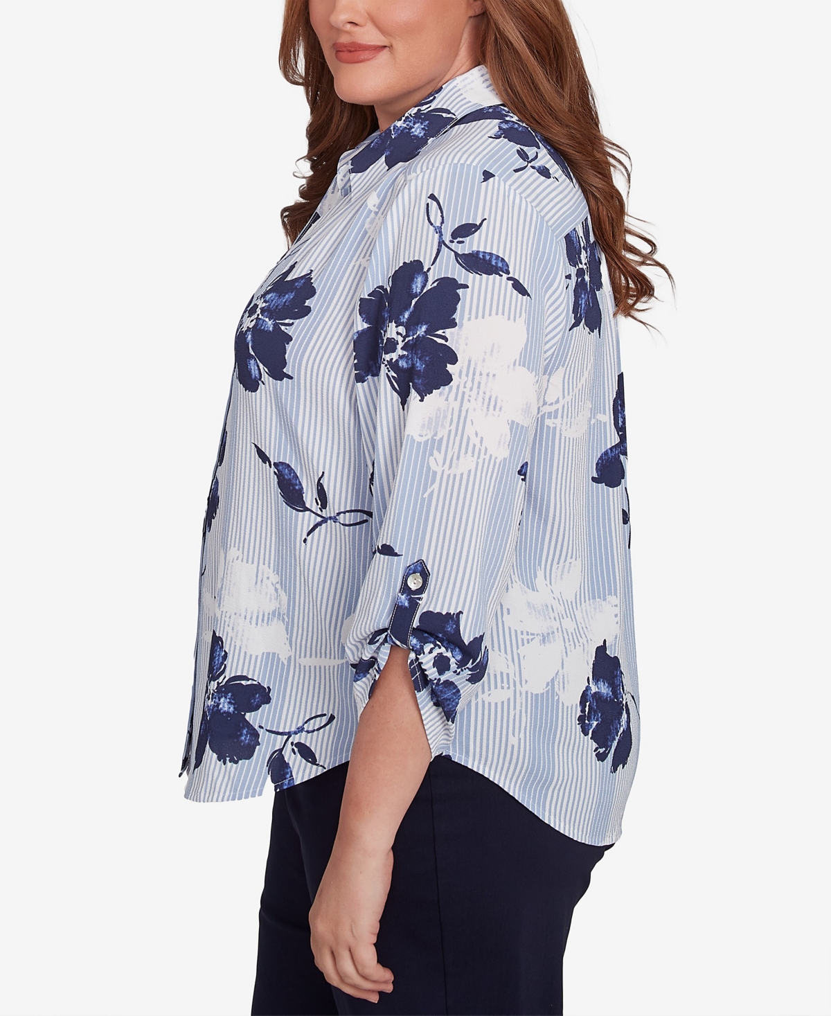 Alfred Dunner Plus Size Classic Striped Flower Button Front Tie Sleeves Blouse In Navy