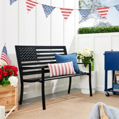 Indoor Outdoor Steel Garden Bench w/ American Flag Backrest, 790lb Capacity