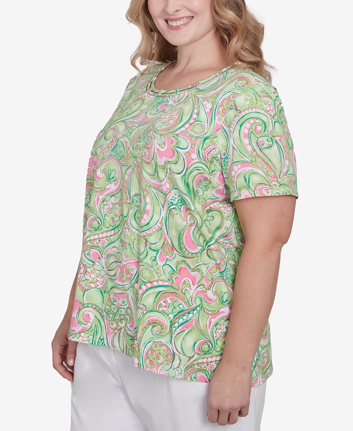 Alfred Dunner Plus Size Abstract Scroll Crew Neck Top In Green
