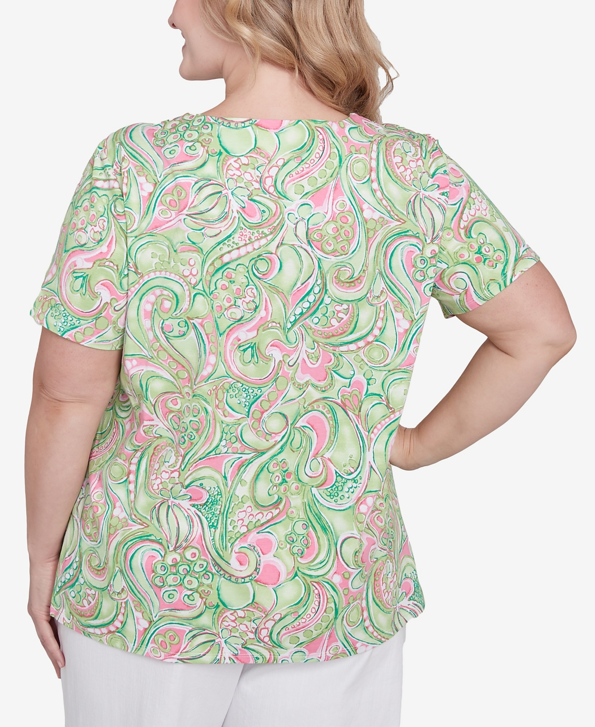 Alfred Dunner Plus Size Abstract Scroll Crew Neck Top In Green