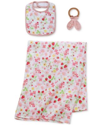 Baby Girls 3-Pc. Floral Muslin Bib, Swaddle, and Ring Set