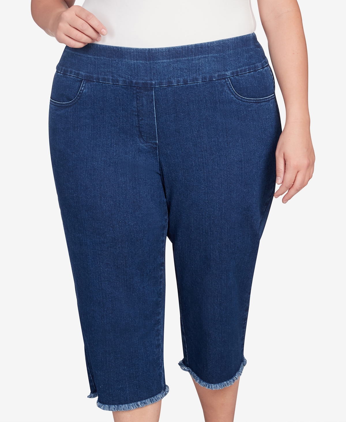 ALFRED DUNNER PLUS SIZE CLASSIC BLACK DENIM FRINGE CAPRI PANTS 