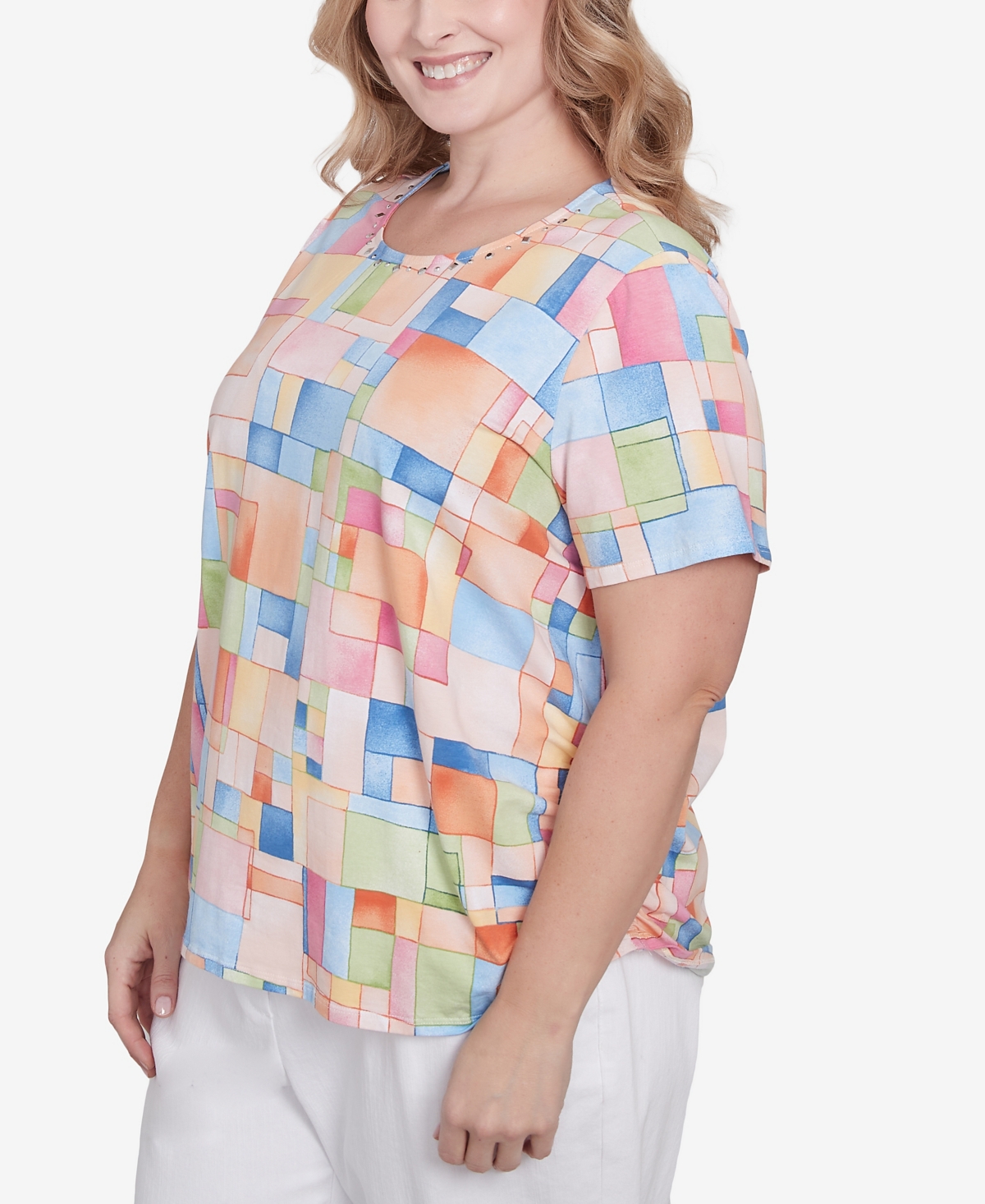 Alfred Dunner Plus Size Color Block Tile Top With Side Ruching In Pastel
