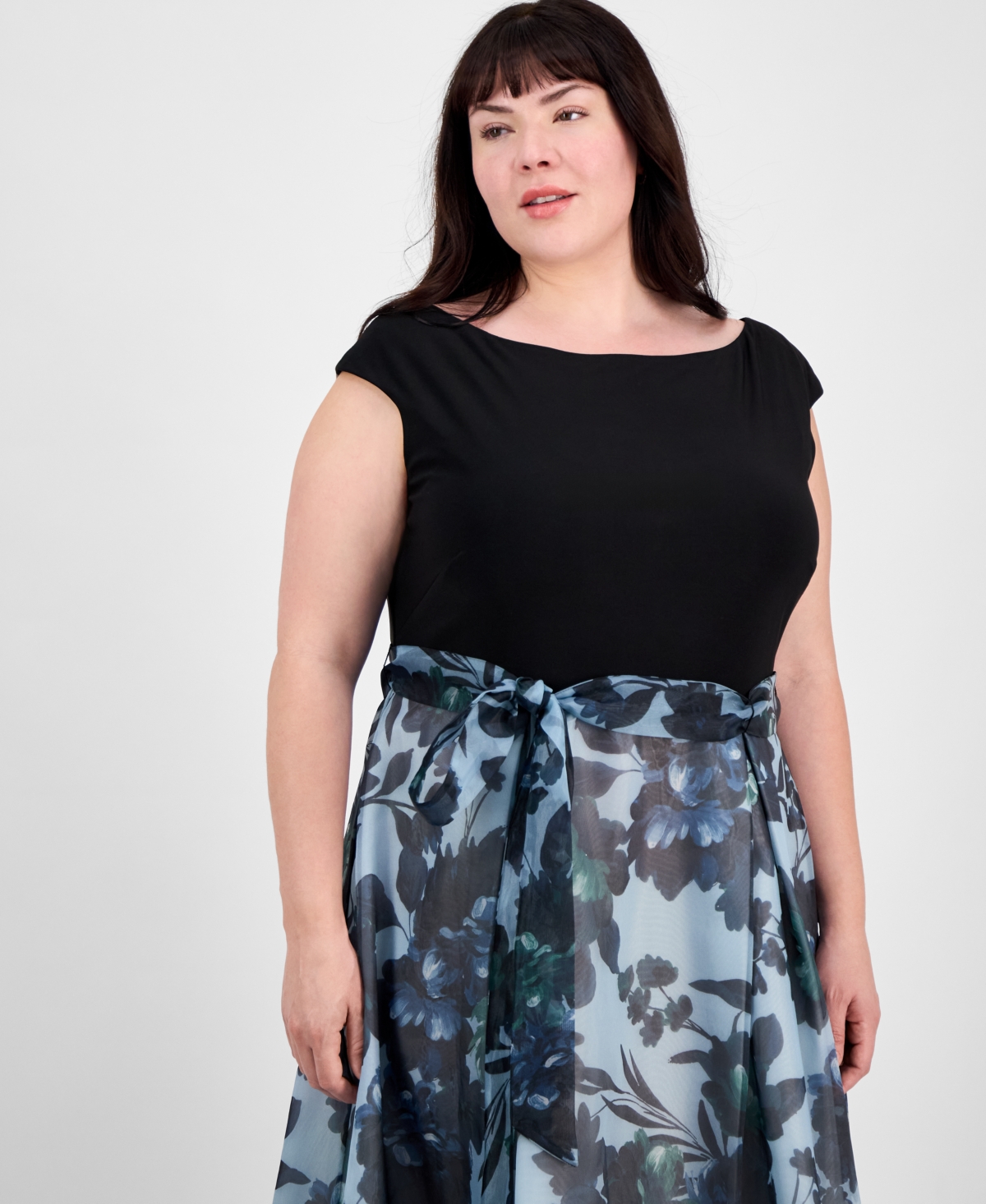 Shop Sl Fashions Plus Size Tie-front Printed Organza Ballgown In Black Multi