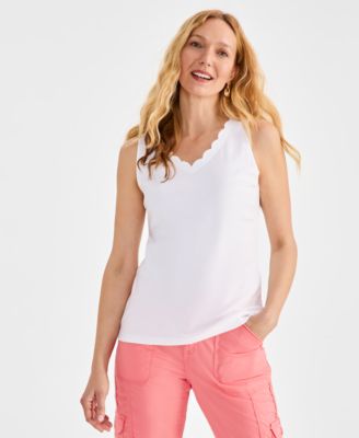 Women's Cotton Scalloped V-Neck Sleeveless Top, Exclusively at Macy's