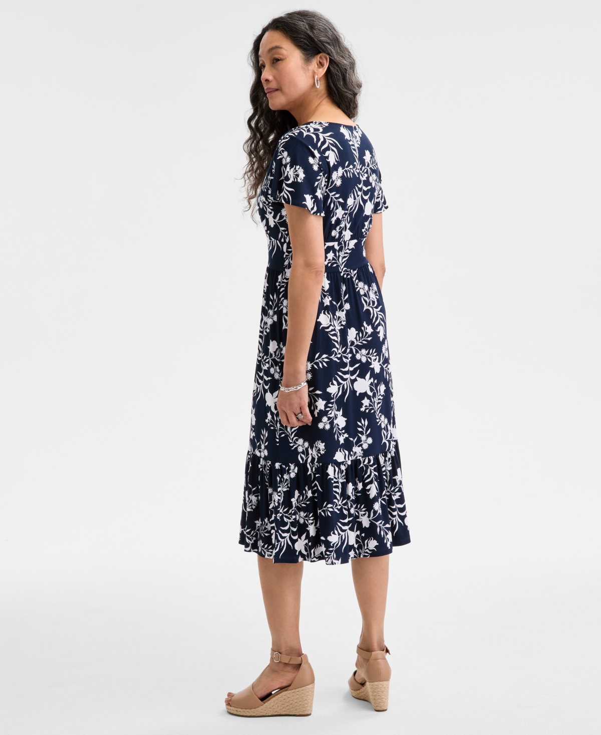 Style & Co Women's Printed Flutter-sleeve Knit Midi Dress, Exclusively At Macy's In Leaves Indigo Blue