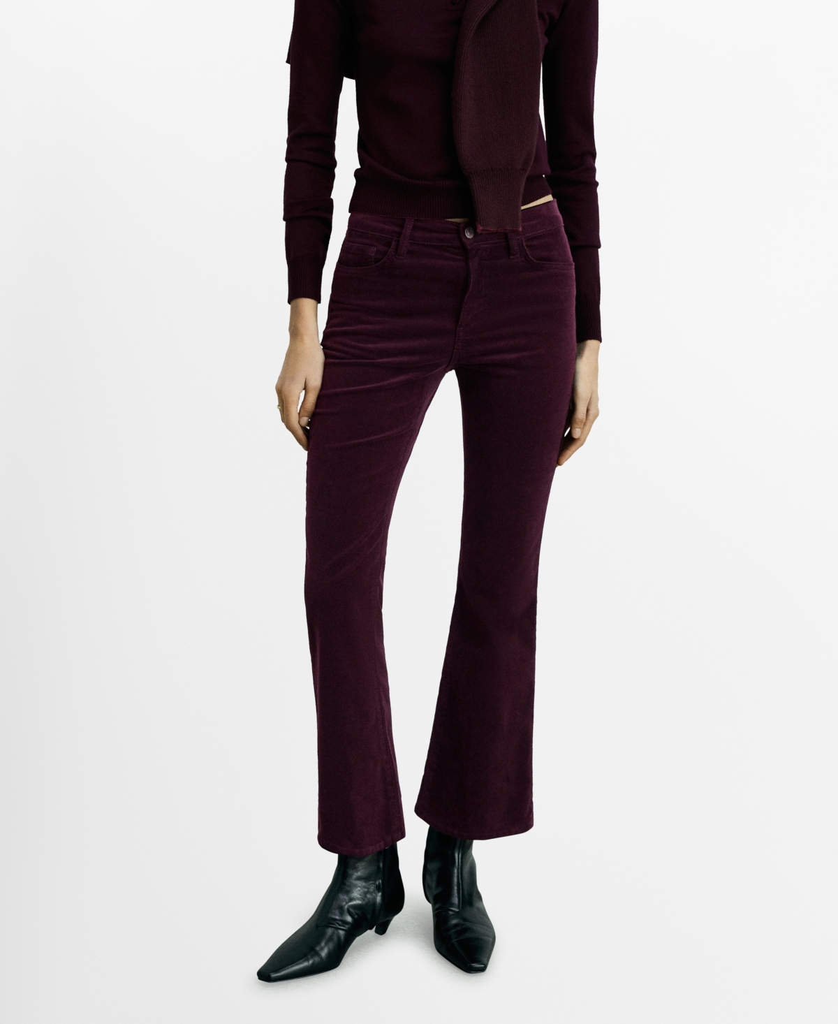 Mango Sienna Flared Cropped Corduroy Trousers Wine In Wine