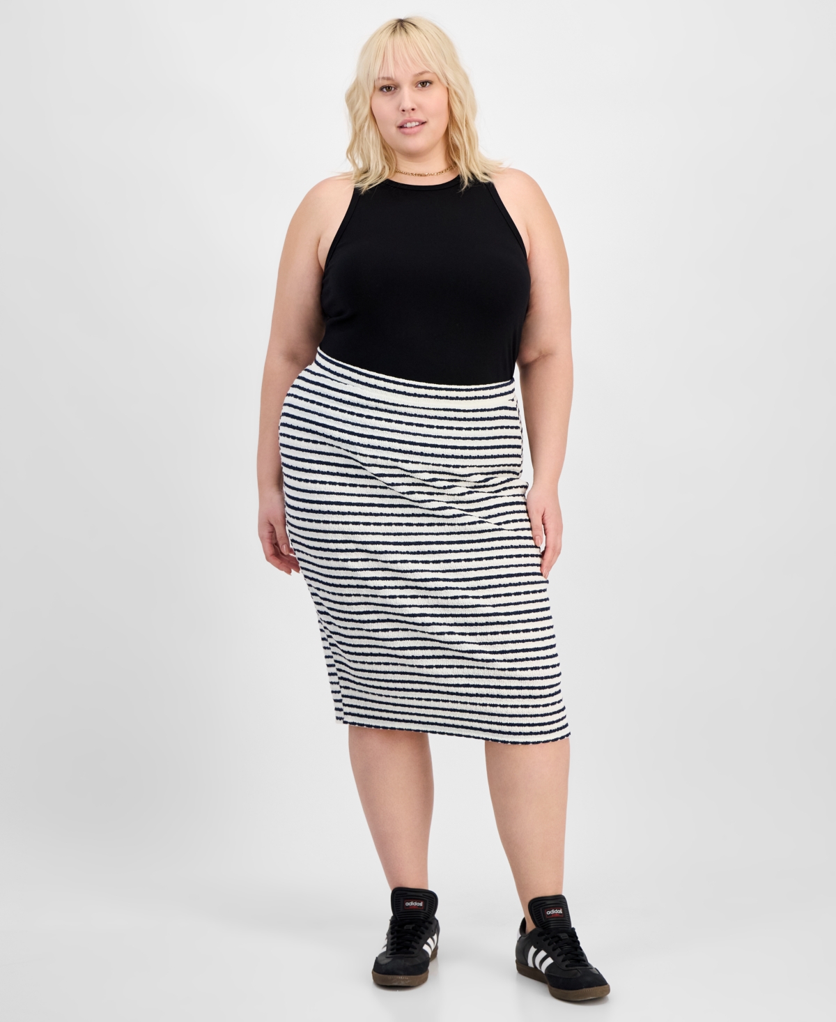 Derek Heart Trendy Plus Size Striped Midi Pencil Skirt In Egret,navy