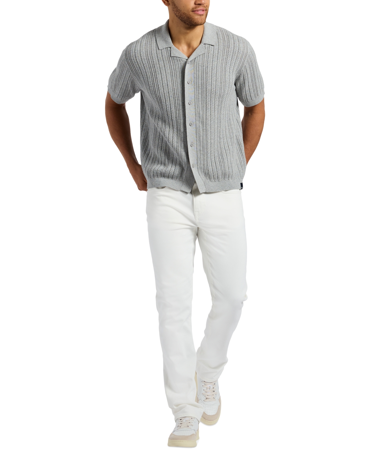 Buffalo David Bitton Men's Wasko Cable-knit Short-sleeve Button-up Polo In Heather Grey