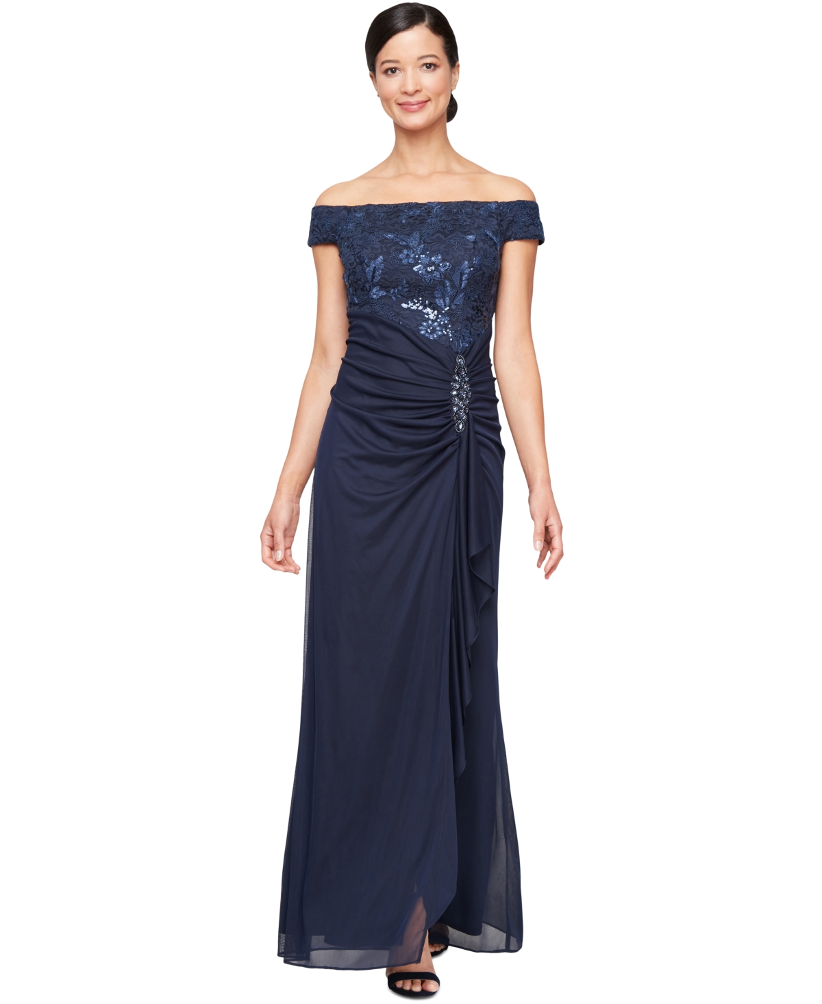 Women's Embroidered Lace Ruched Gown - Navy