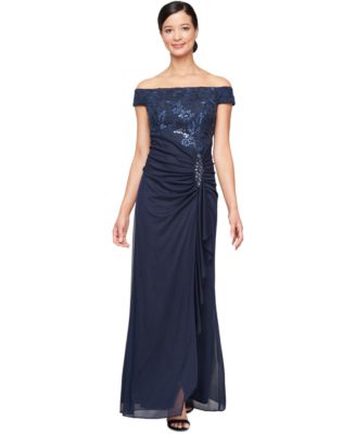 Alex Evenings Women's Embroidered Side Ruched Gown Black Gold Size 4