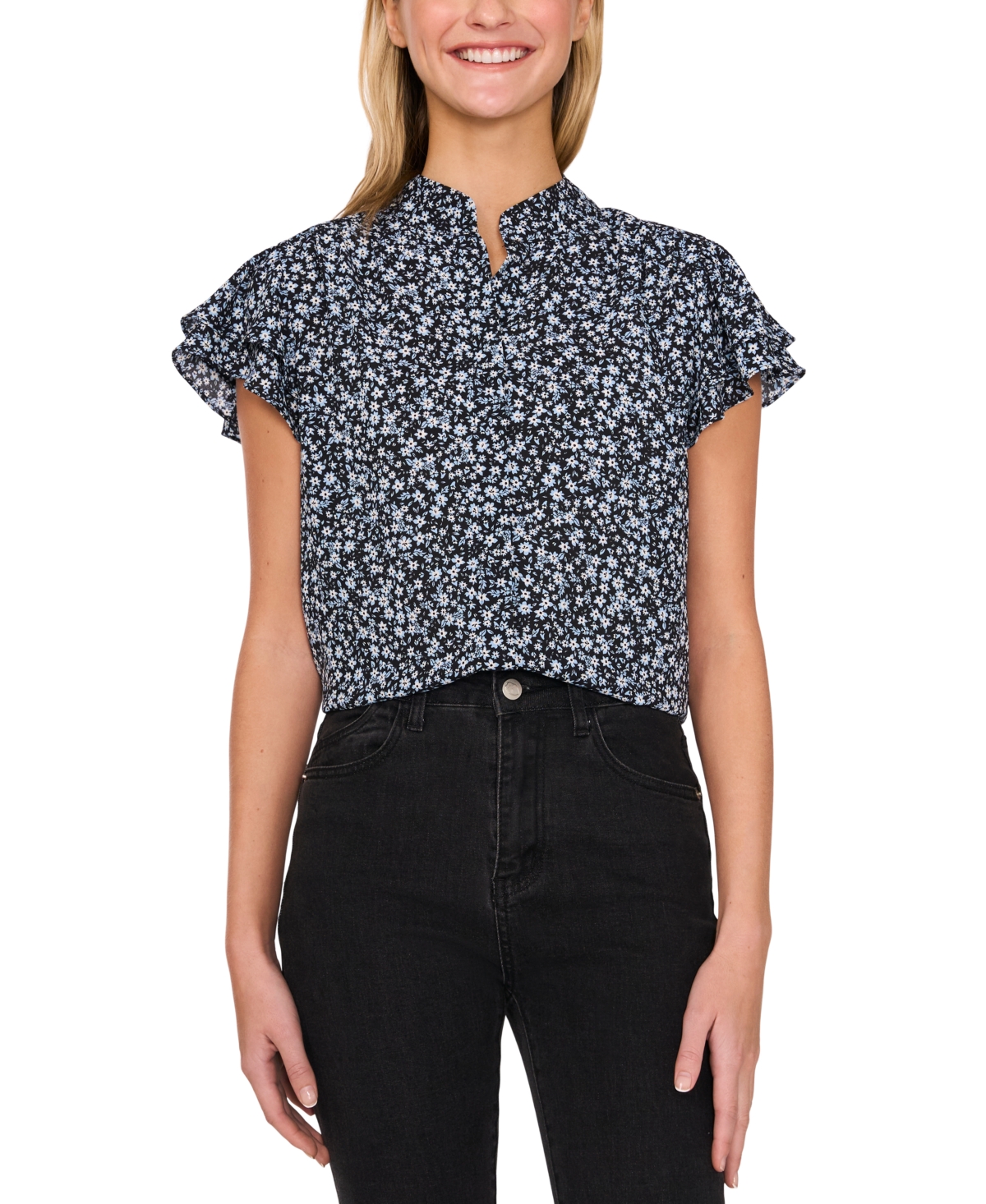 Shop Cece Women's Flutter-sleeve Hidden-placket Blouse In Rich Black