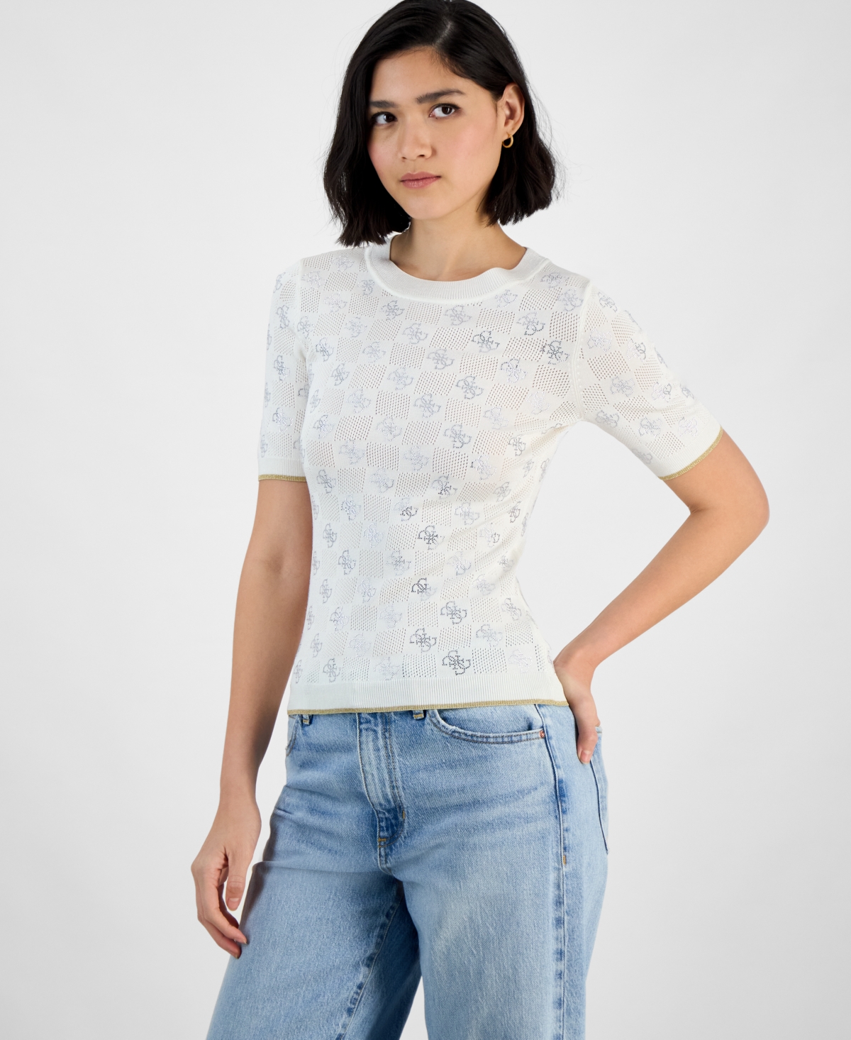 GUESS WOMEN'S ROSIE FOUR-G RHINESTONE SHORT-SLEEVE SWEATER 