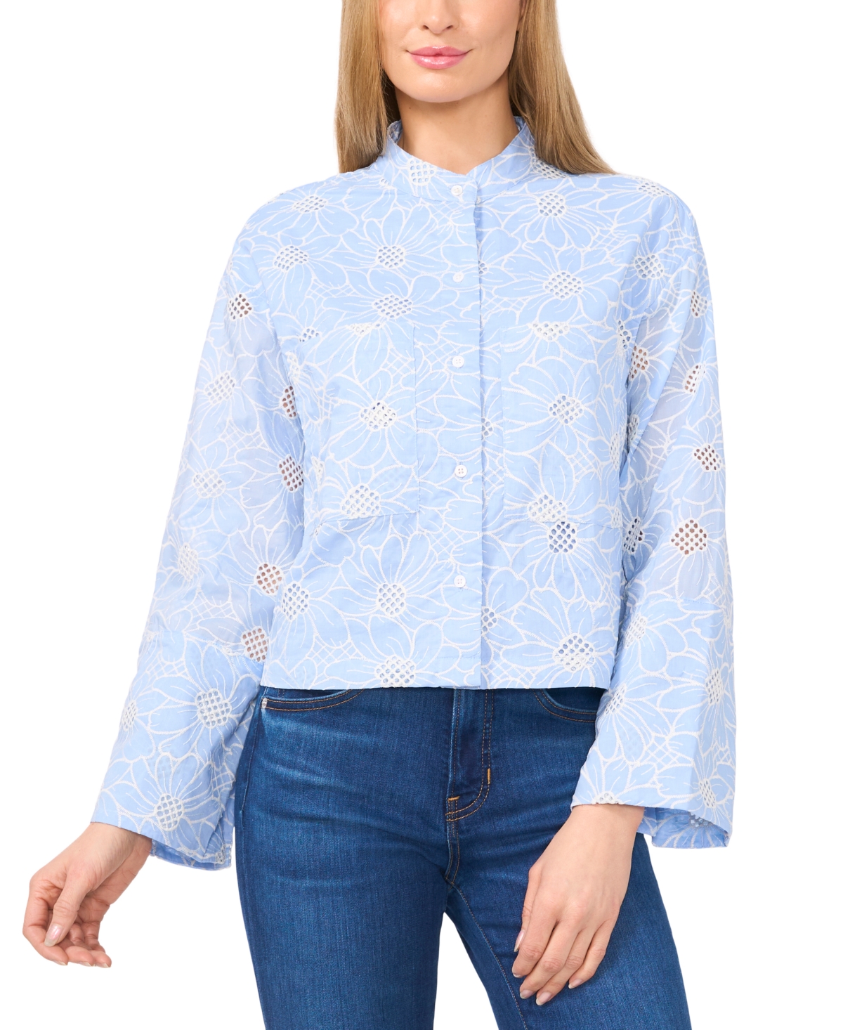 Women's Floral-Embroidered Wide-Sleeve Shirt - Waterfall