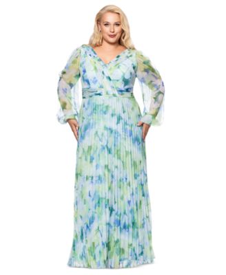 Plus Size Printed Pleated Long-Sleeve Gown