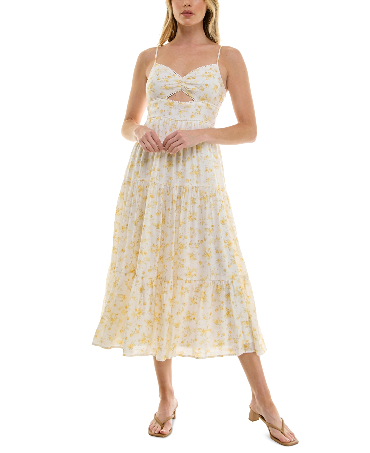 Juniors' Floral-Print Keyhole Tiered Midi Dress - Olive Floral