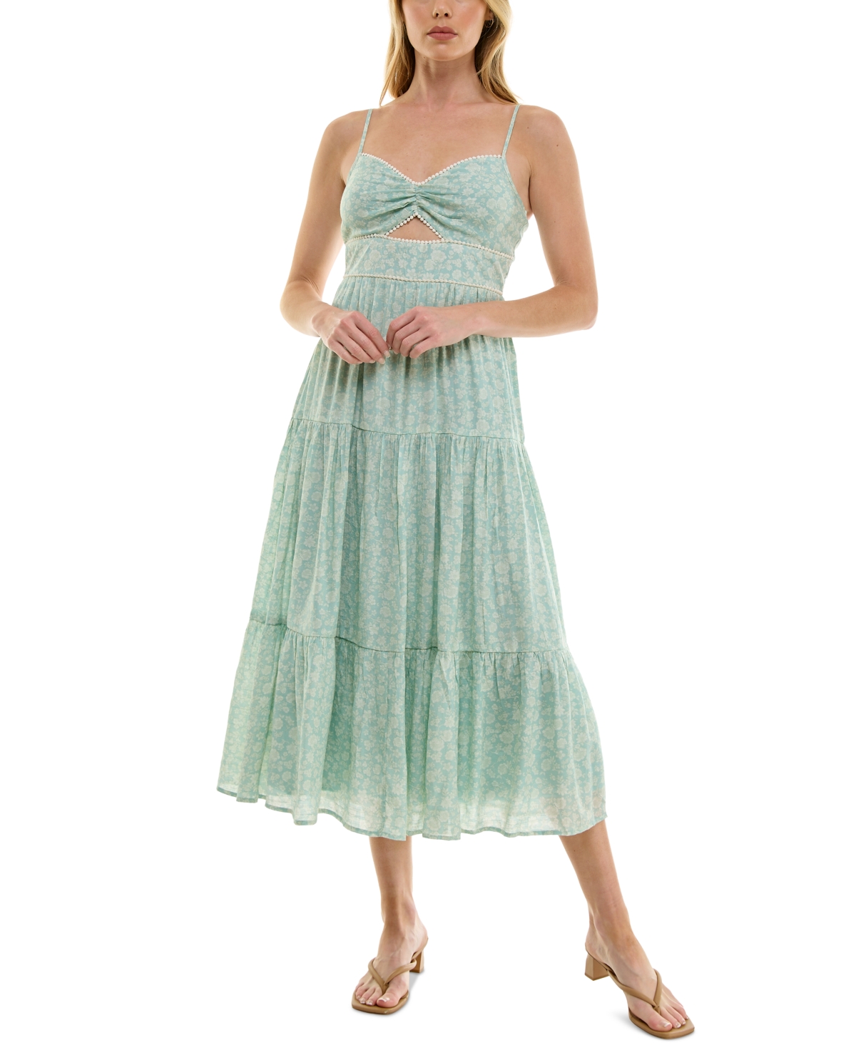 Juniors' Floral-Print Keyhole Tiered Midi Dress - Olive Floral