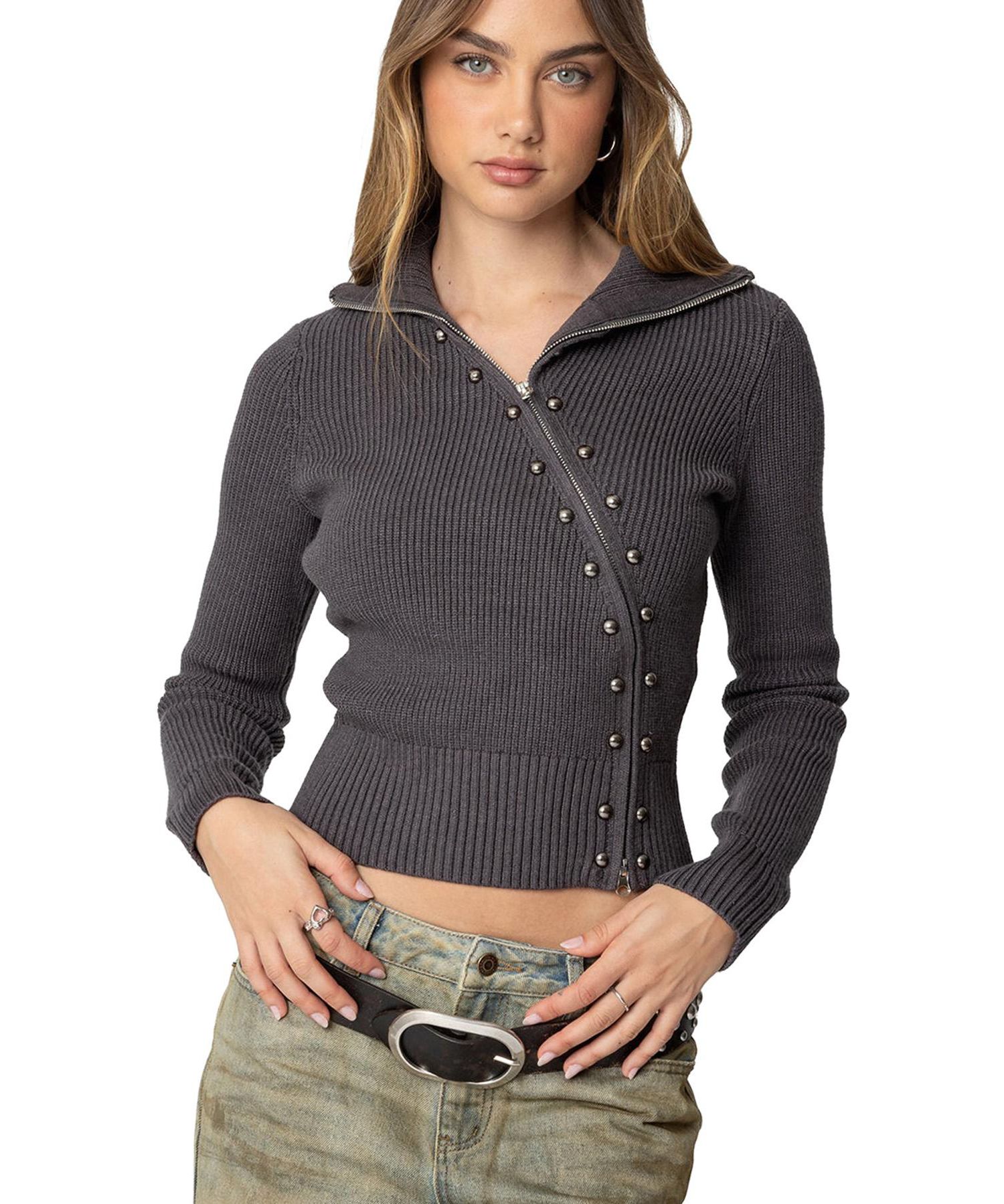 Womens Ribbed Asymmetric Zip Up Cardigan