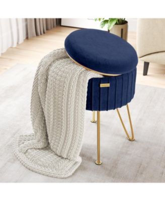 Pleated Velvet Round Ottoman with Storage – Modern Foot Stool, Makeup Vanity Stool, Small Ottoman Foot Rest