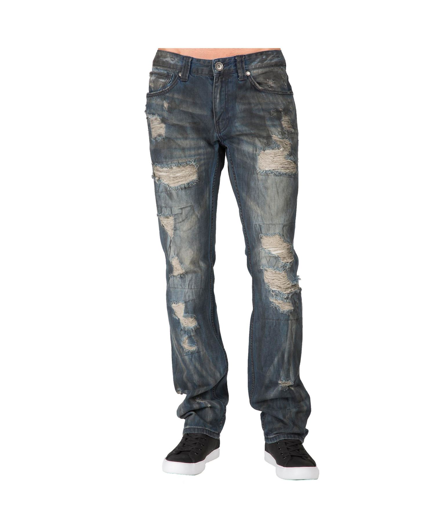 Men's Dark Tint Destroyed and Mended Slim Straight Premium Jeans