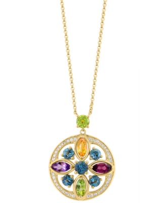 EFFY&reg; Multi-Gemstone (2-1/5 ct. t.w.) & Diamond (1/6 ct. t.w.) Flower Pendant Necklace in 14k Gold, 16" + 2" extender
