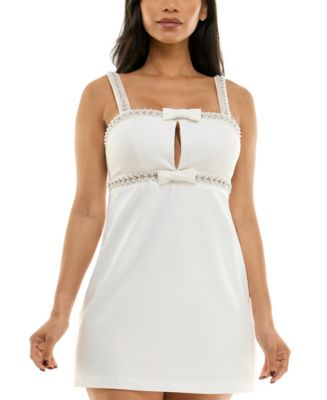 macy's juniors off the shoulder bow neck bodycon dress SENI & CADE Juniors' Embellished Mini line silhouettePolyester/lurex/rayonSpot clean Color:Off White (with NO Bow) ModelID: 264 Goddiva Plus | Stunning