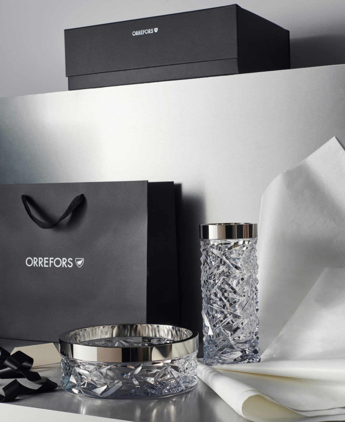 Orrefors Carat Bowl & Vase Gift Set In Clear,silver