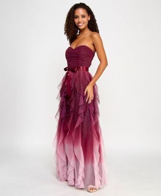 Juniors' Corkscrew-Ruffled Strapless Gown